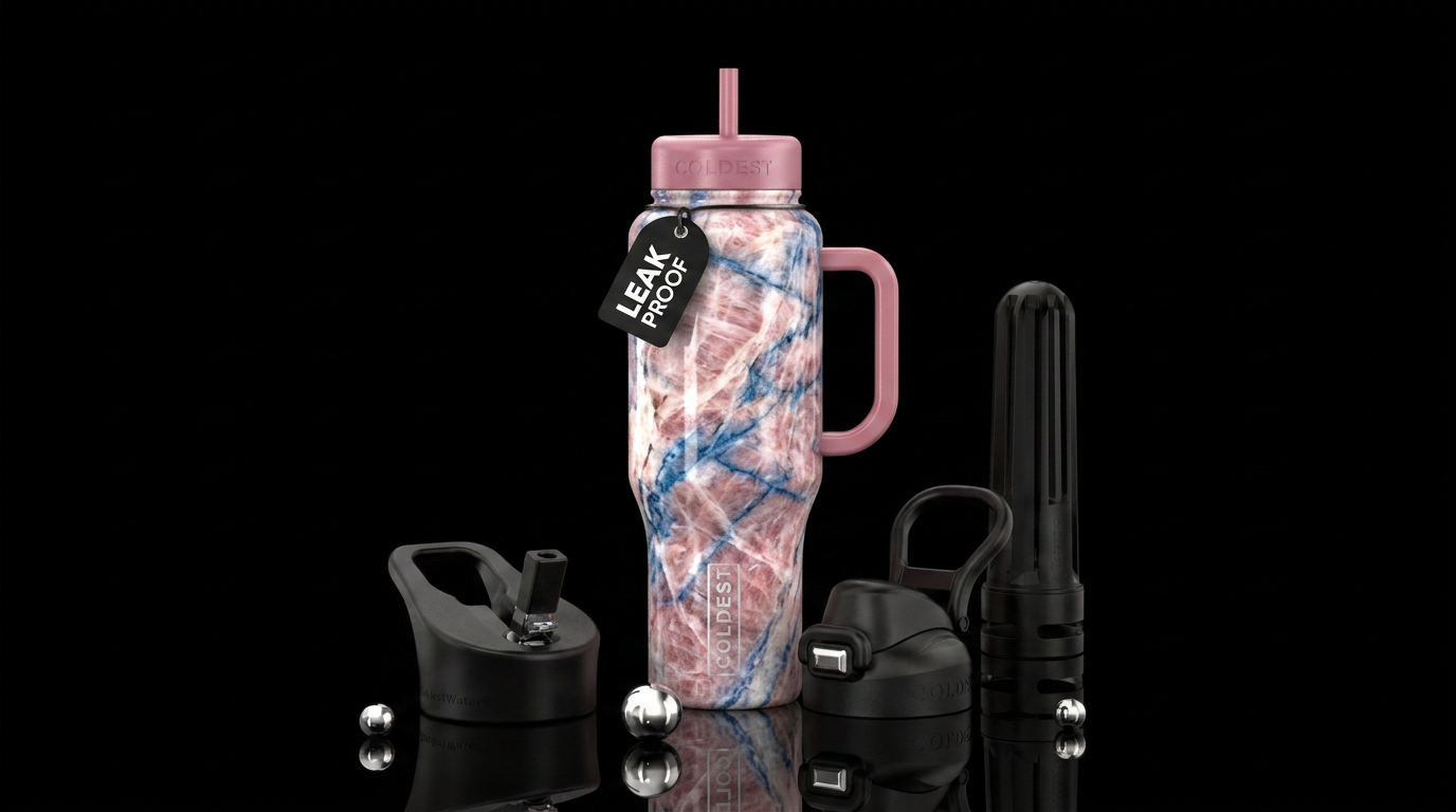 pink white and blue cordirite water bottle design