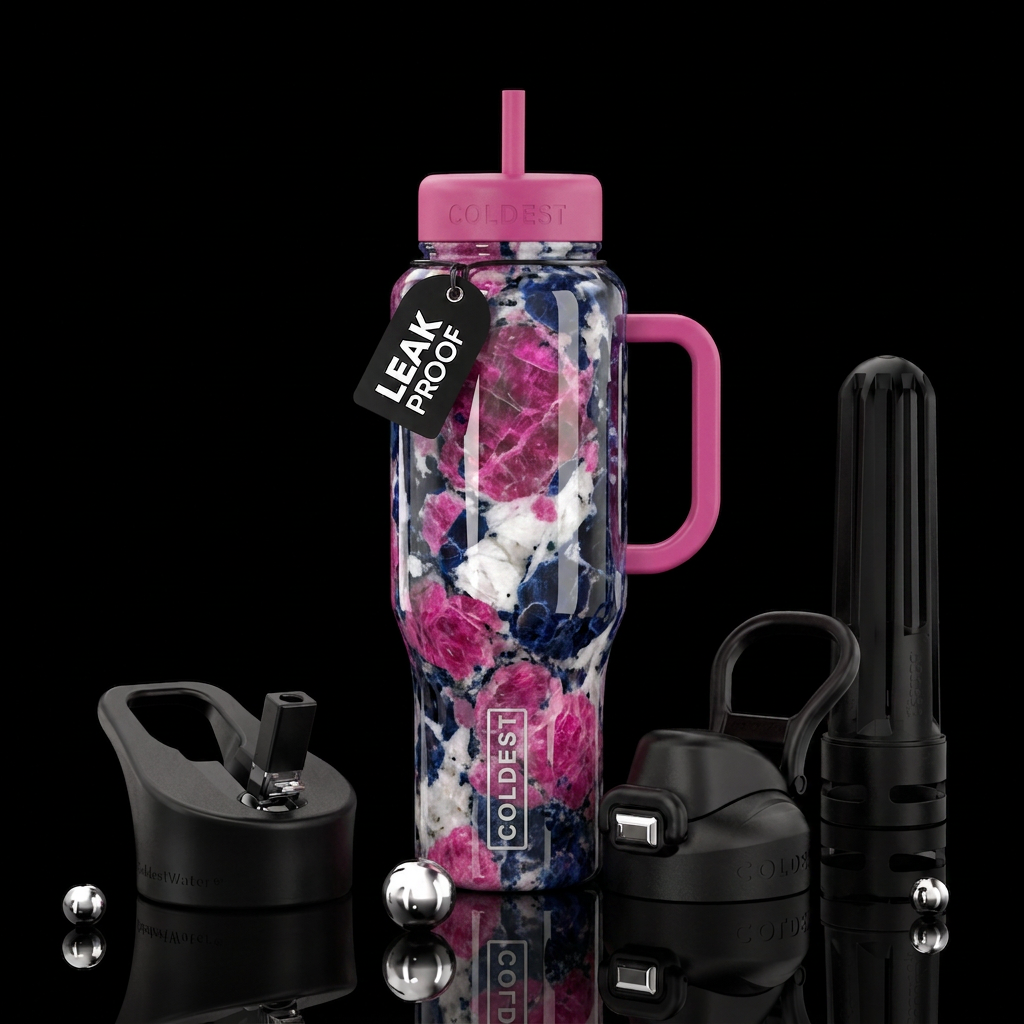pink white and blue ijolite water bottle design