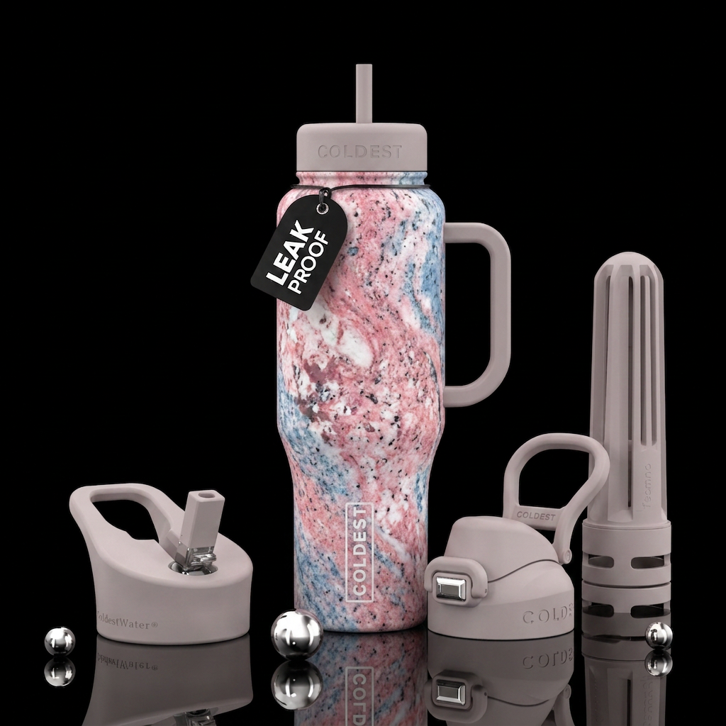 pink white and blue monzolite water bottle design