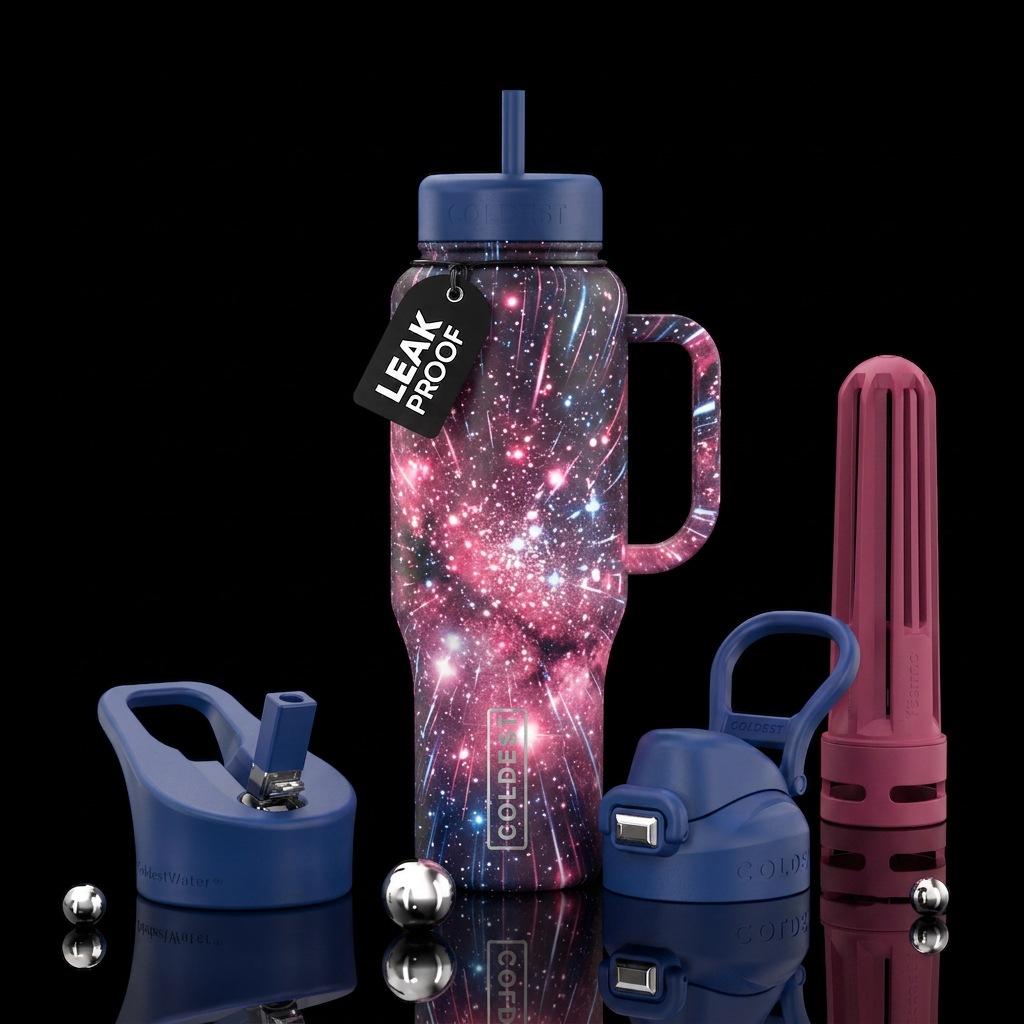 pink white and blue stars in hyperspace water bottle design