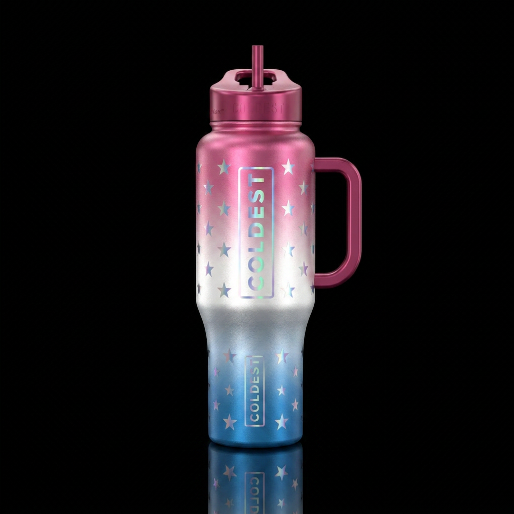 pink white and blue metallic hombre with iridescen... water bottle design