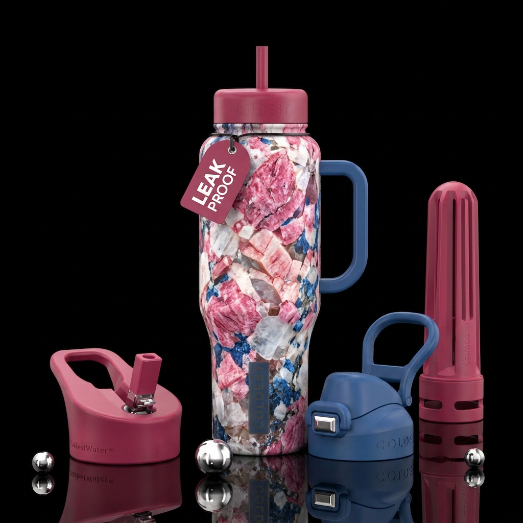 pink white and blue pegmatite water bottle design