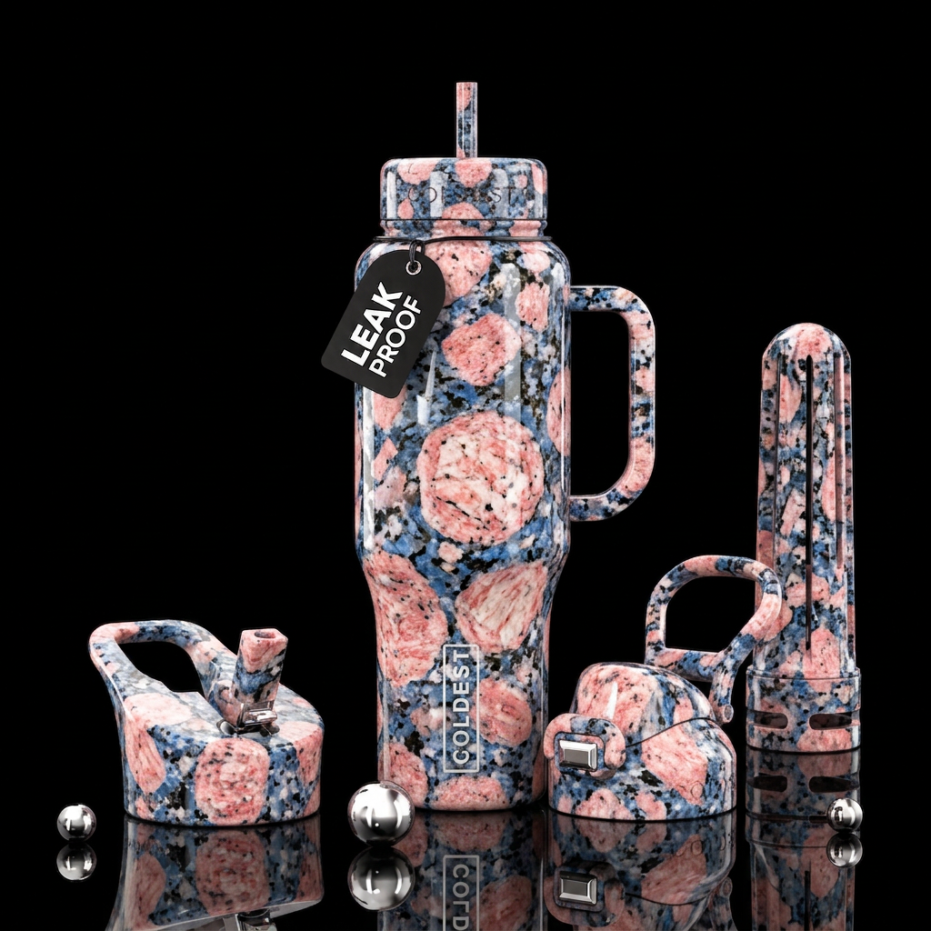 pink white and blue rapakivi water bottle design