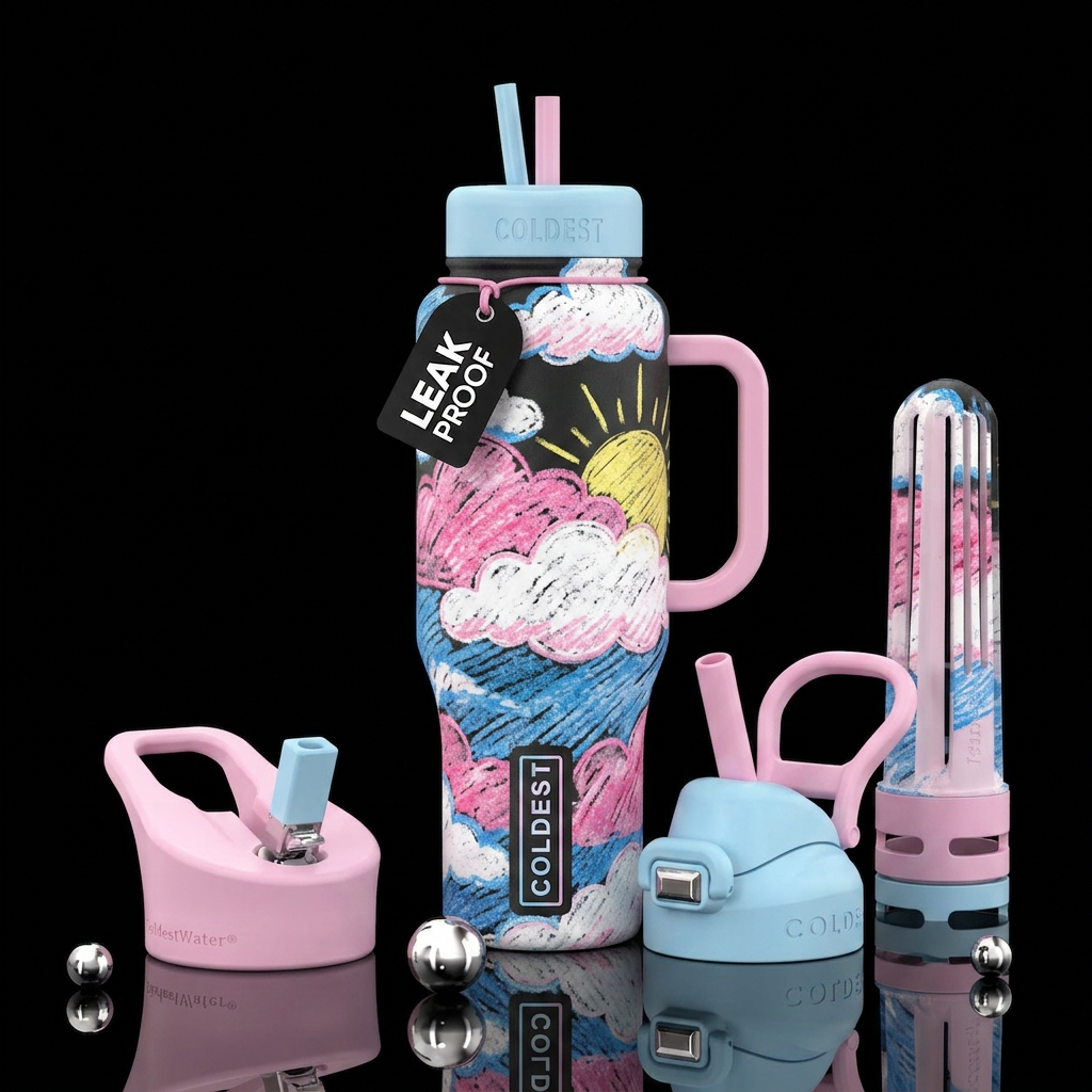 pink white and blue clouds with the sun peaking th... water bottle design