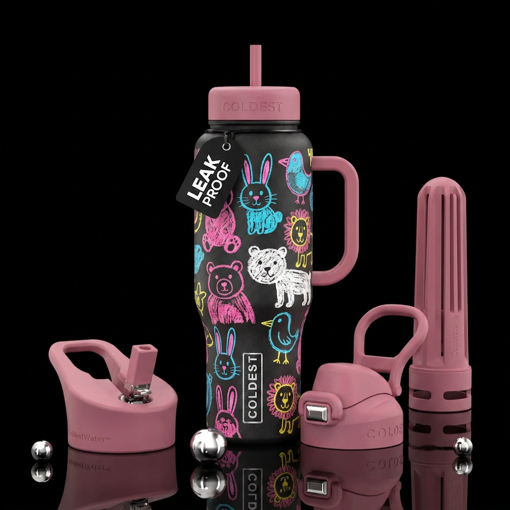 pink white and blue animals that look like they ar... water bottle design