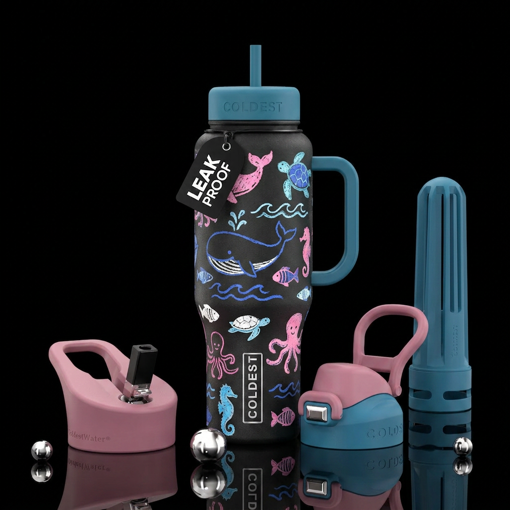 pink white and blue ocean creatures that look like... water bottle design