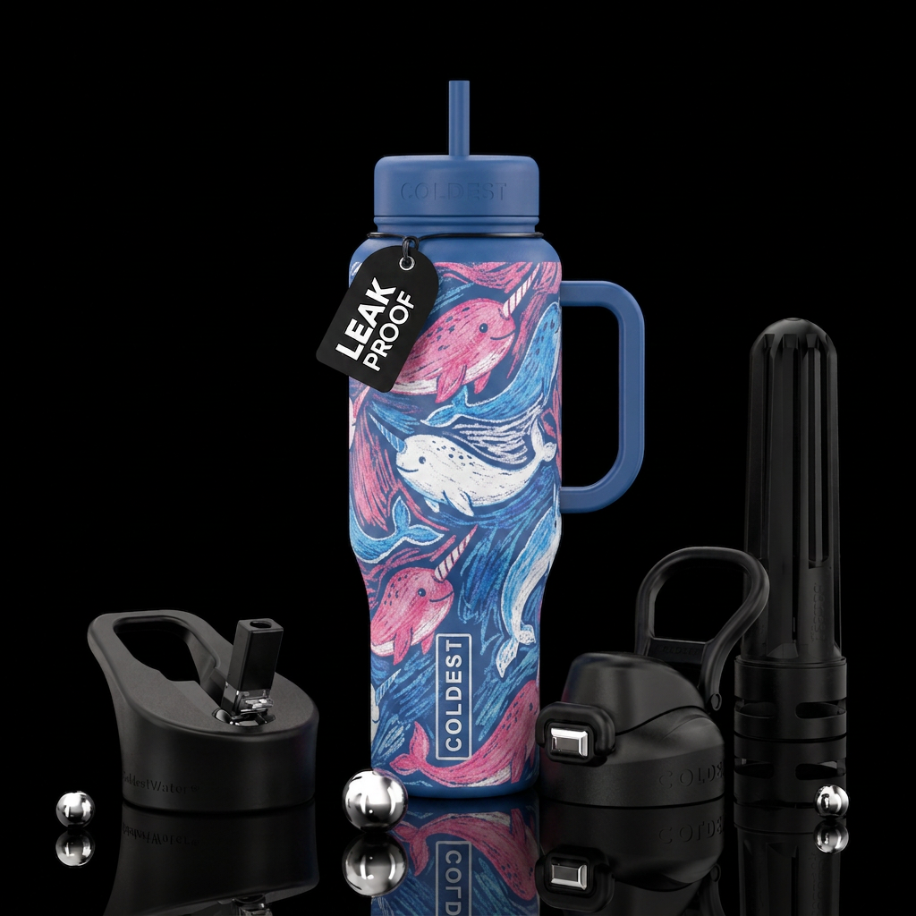 pink white and blue narwhals that look like they a... water bottle design