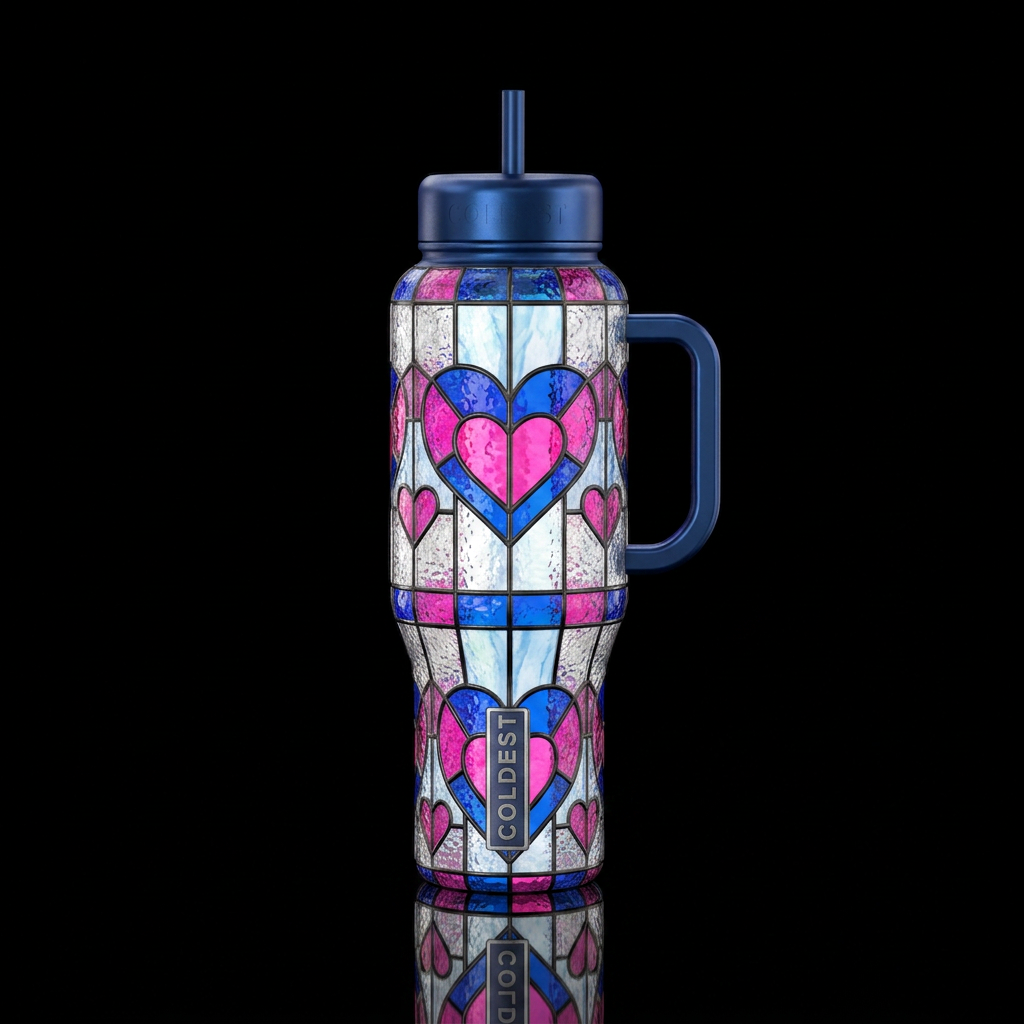 Pink white and blue stained glass hearts water bottle design