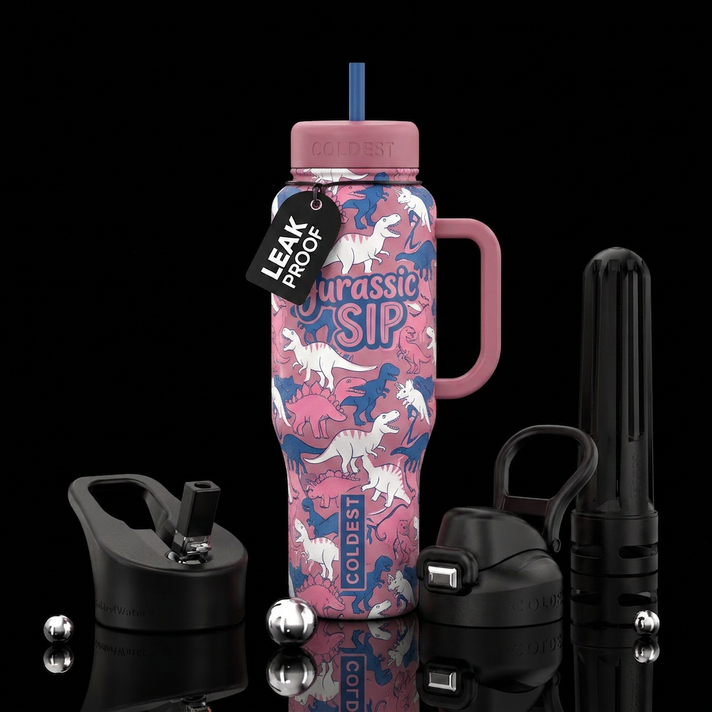 Pink white and blue dinosaurs water bottle design
