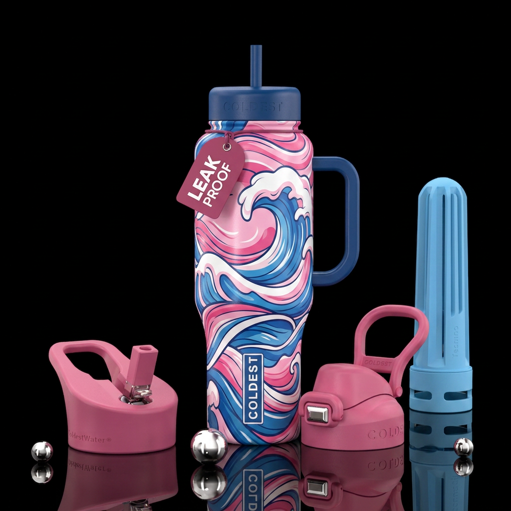 Pink white and blue waves water bottle design