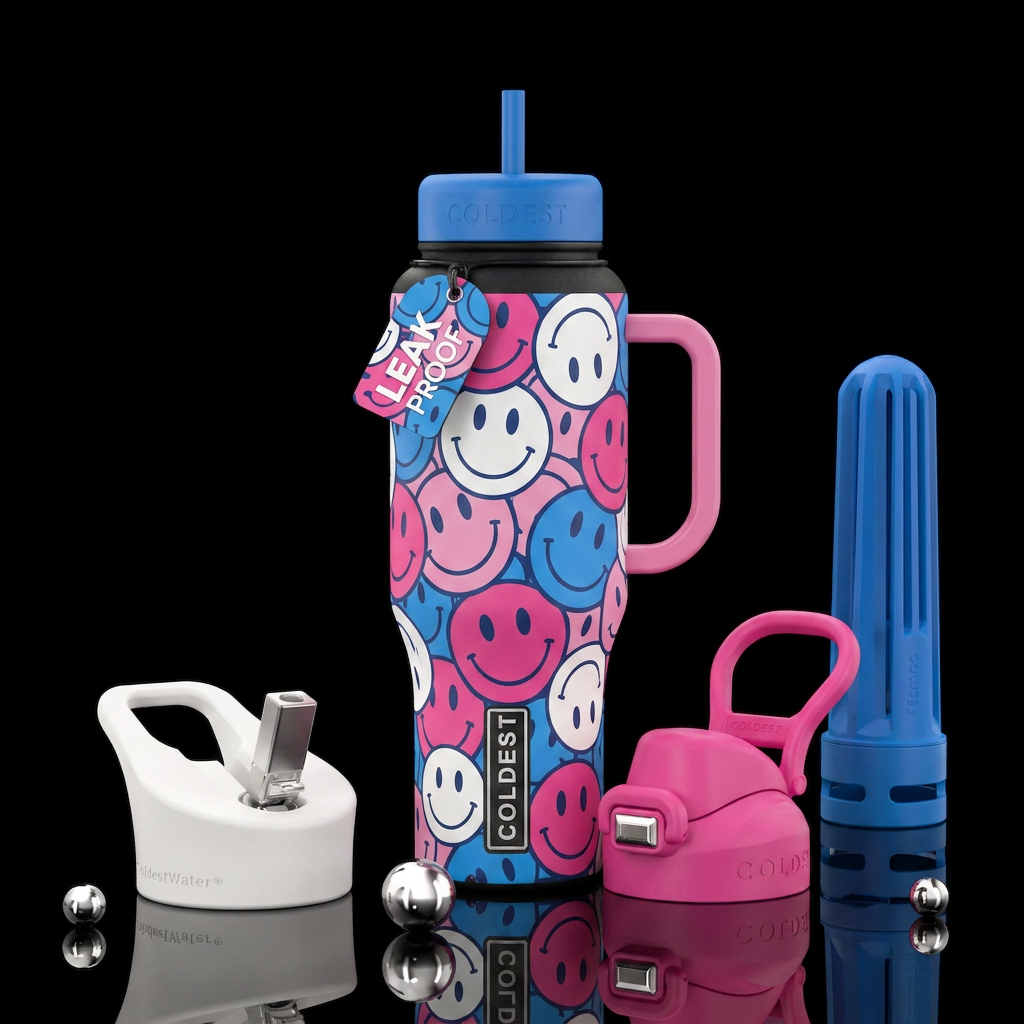 Pink white and blue smiley face water bottle design