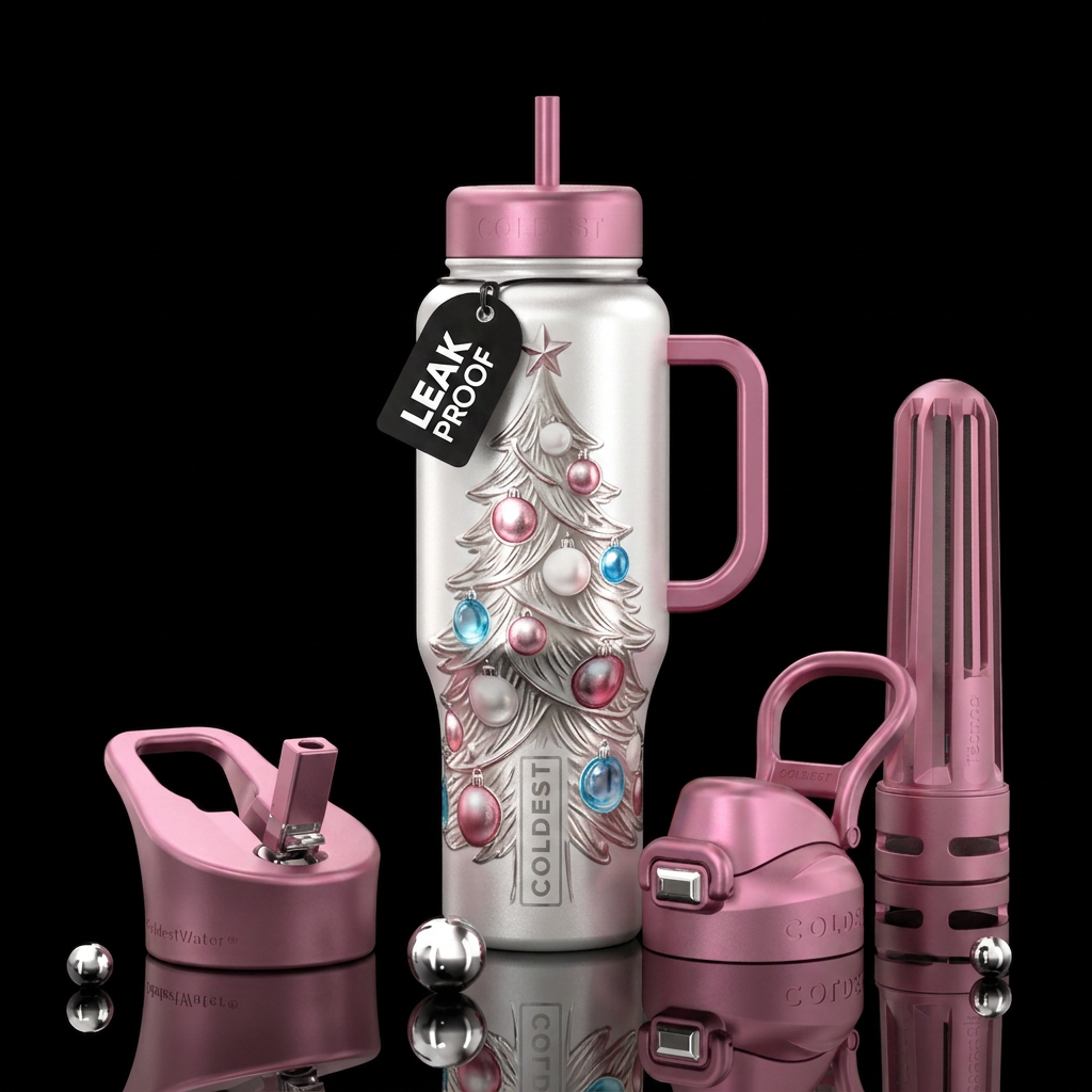 Pink white and blue ornaments on a white metalic C... water bottle design