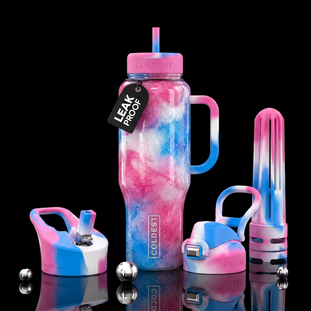 Pink white and blue slushy drink water bottle design