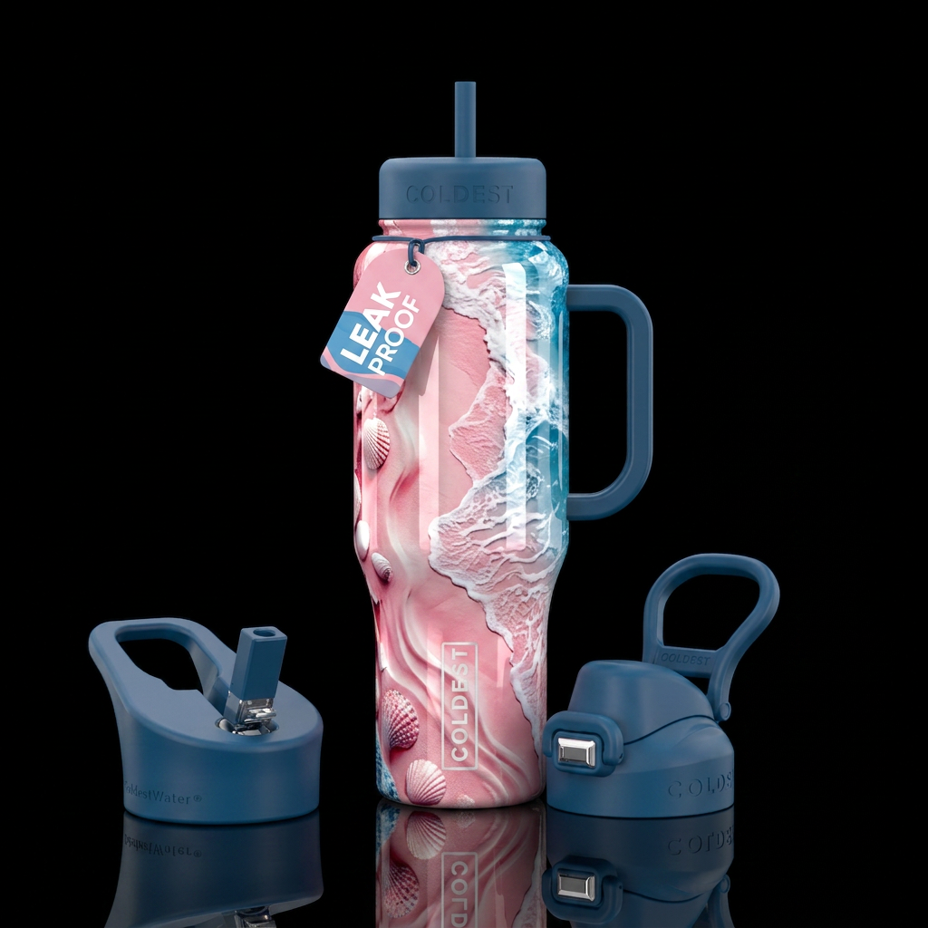 Pink white and blue beach scene water bottle design