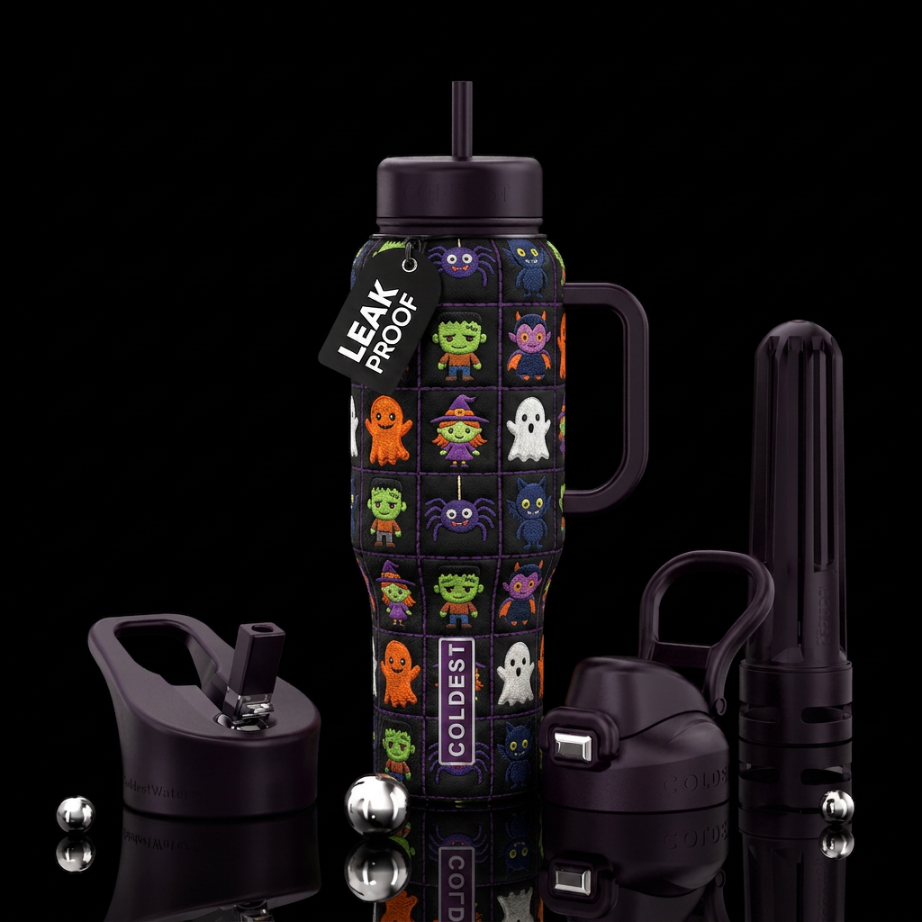 Embroidered monsters in Halloween colors in a quil... water bottle design