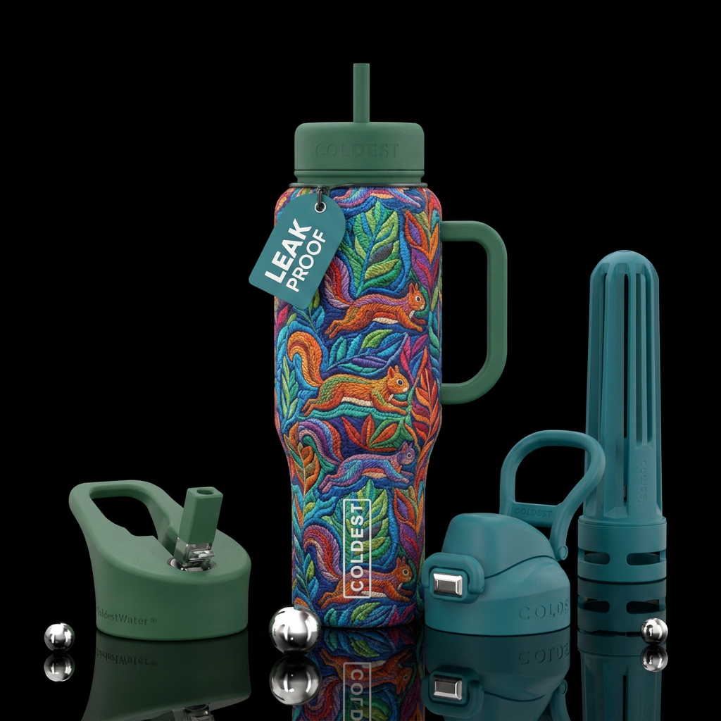 Embroidered squirrelsquilt pattern water bottle design