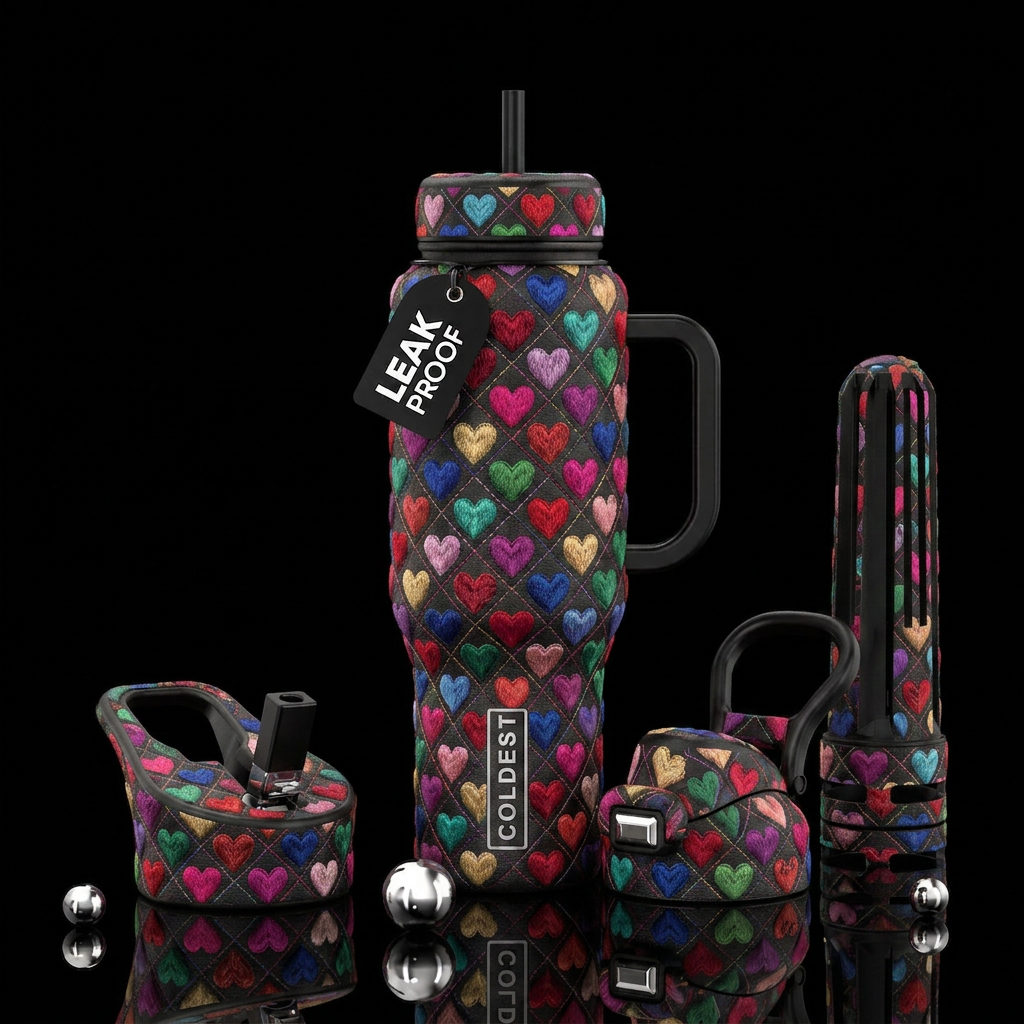 Embroidered hearts in a quilt pattern water bottle design