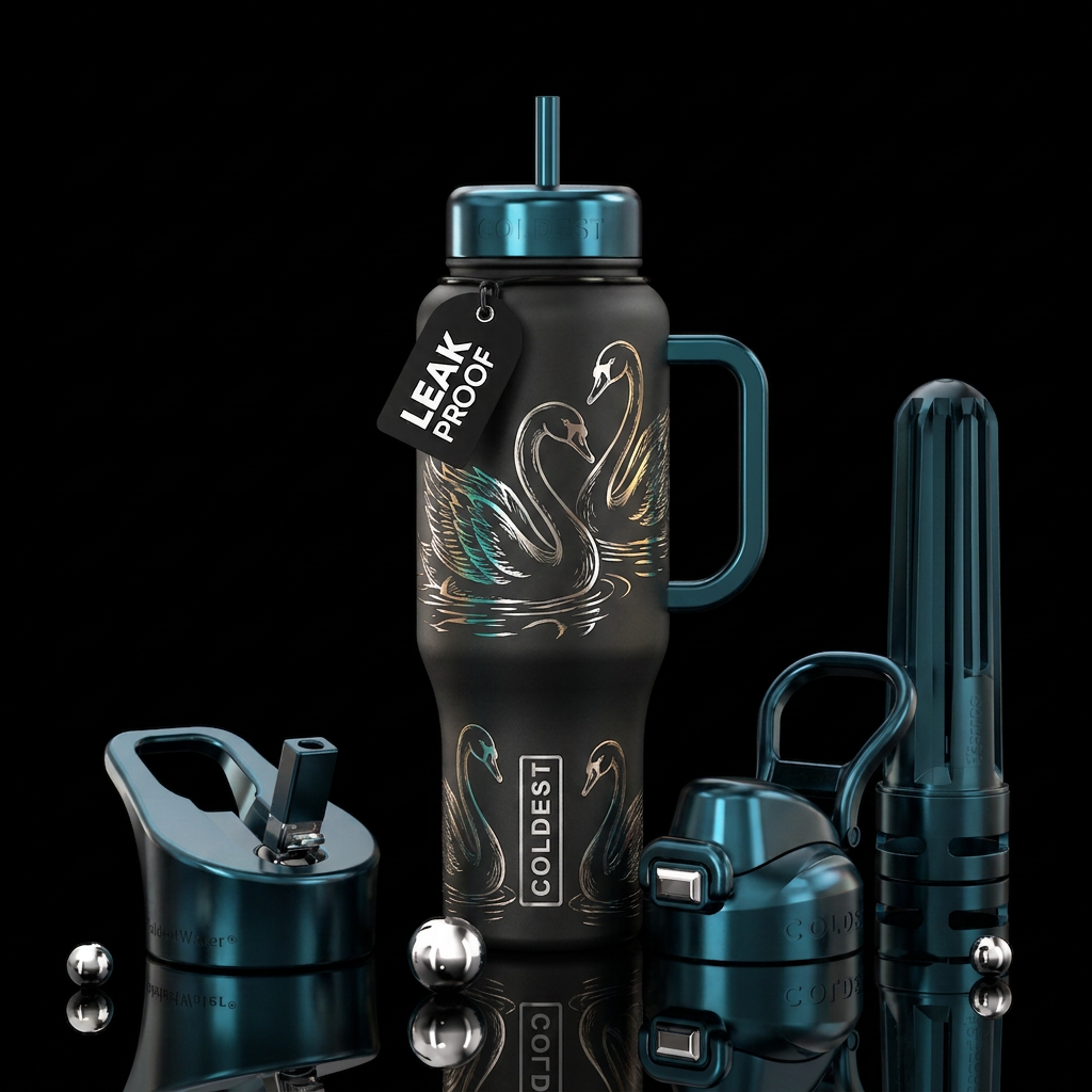 Metalic etching swans water bottle design