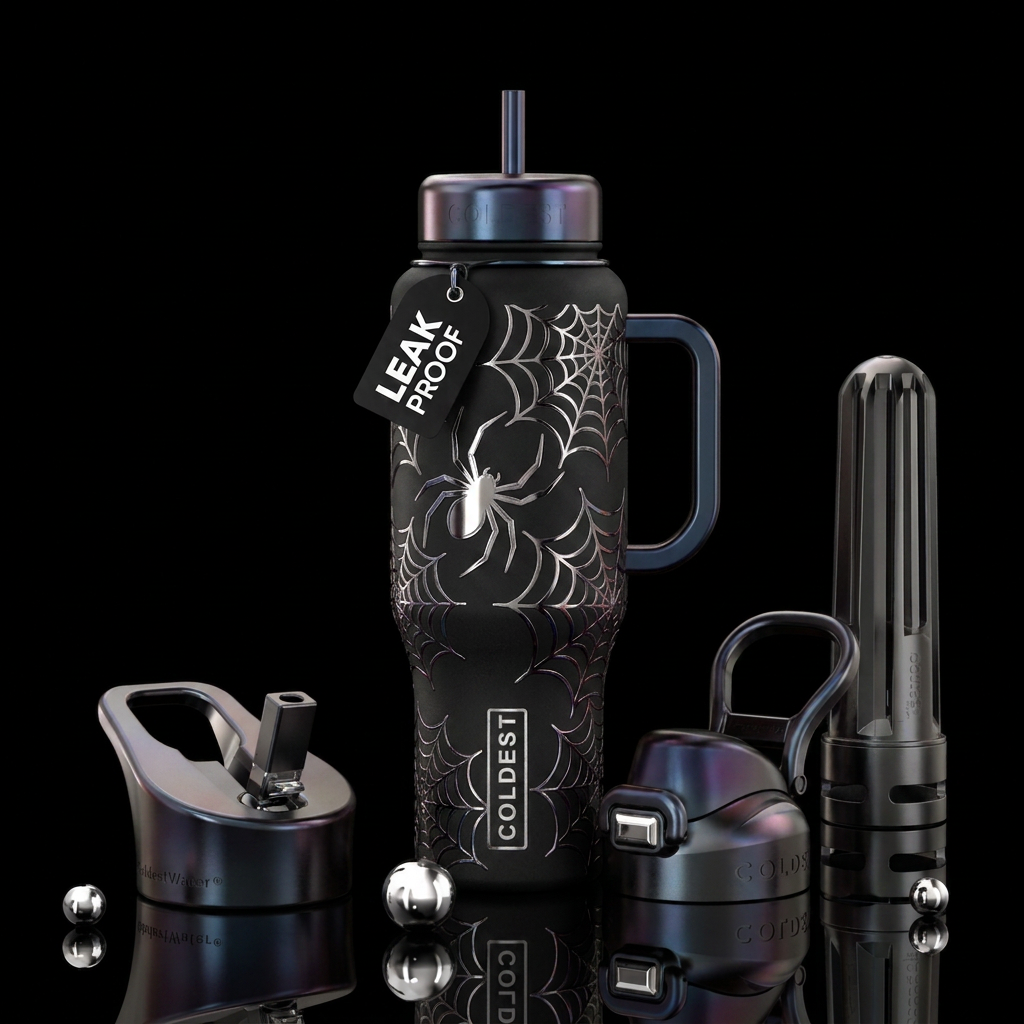 Metalic etching spider and spider web water bottle design