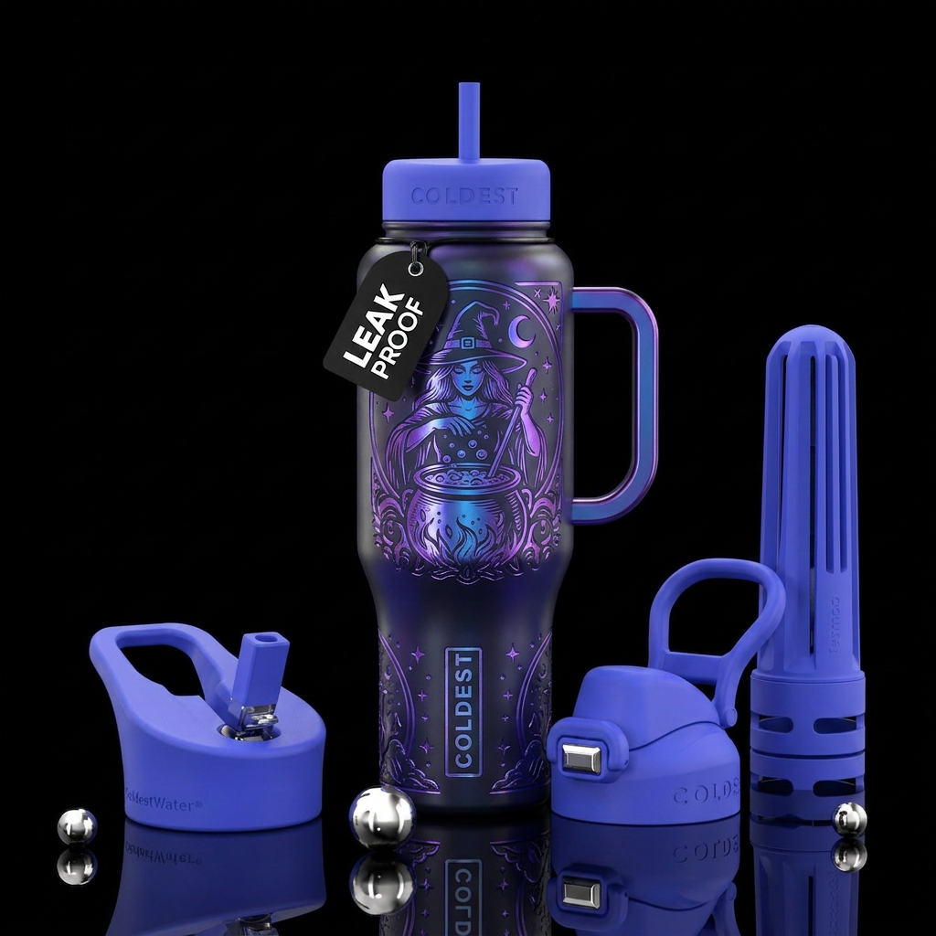 Metalic etching witch and cauldron water bottle design