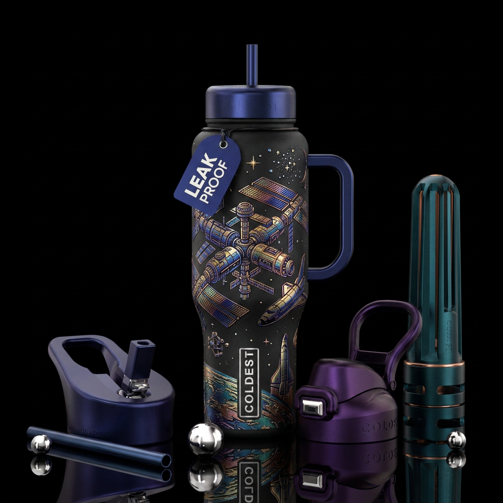 Metalic etching space station water bottle design