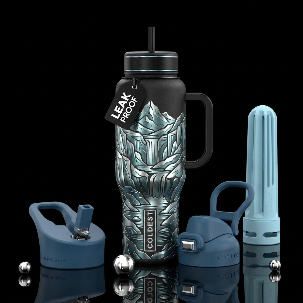 Metalic etching glacier and water falls water bottle design