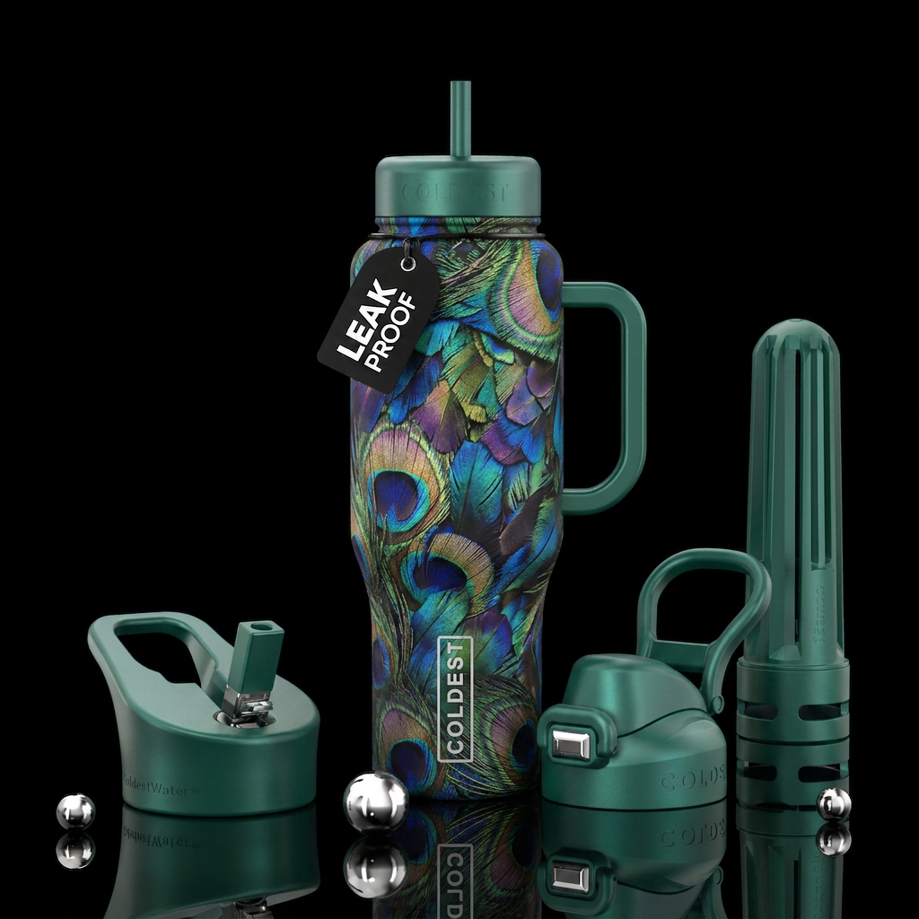 Iridescent feathers water bottle design