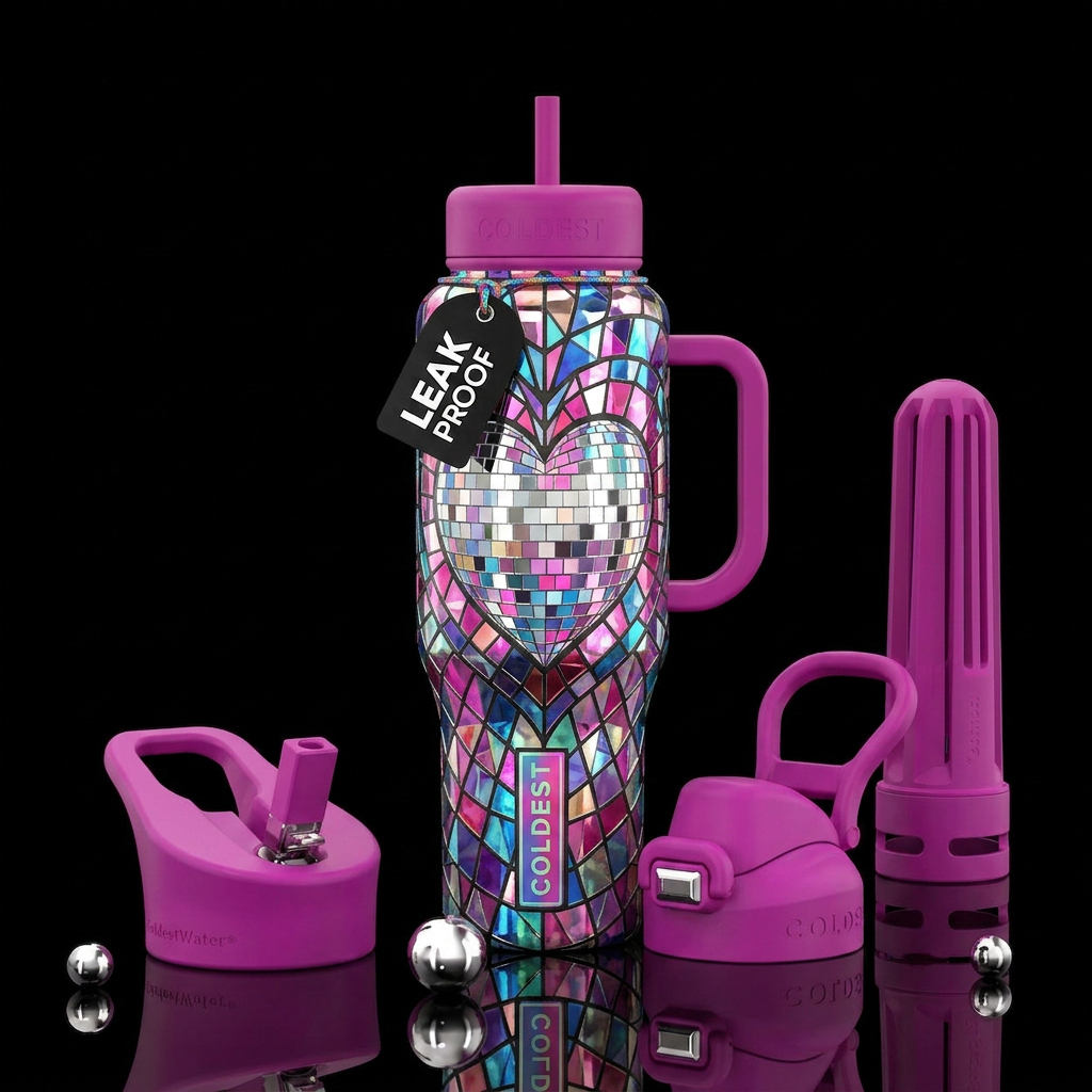Multi color disco ball heart stained glass water bottle design