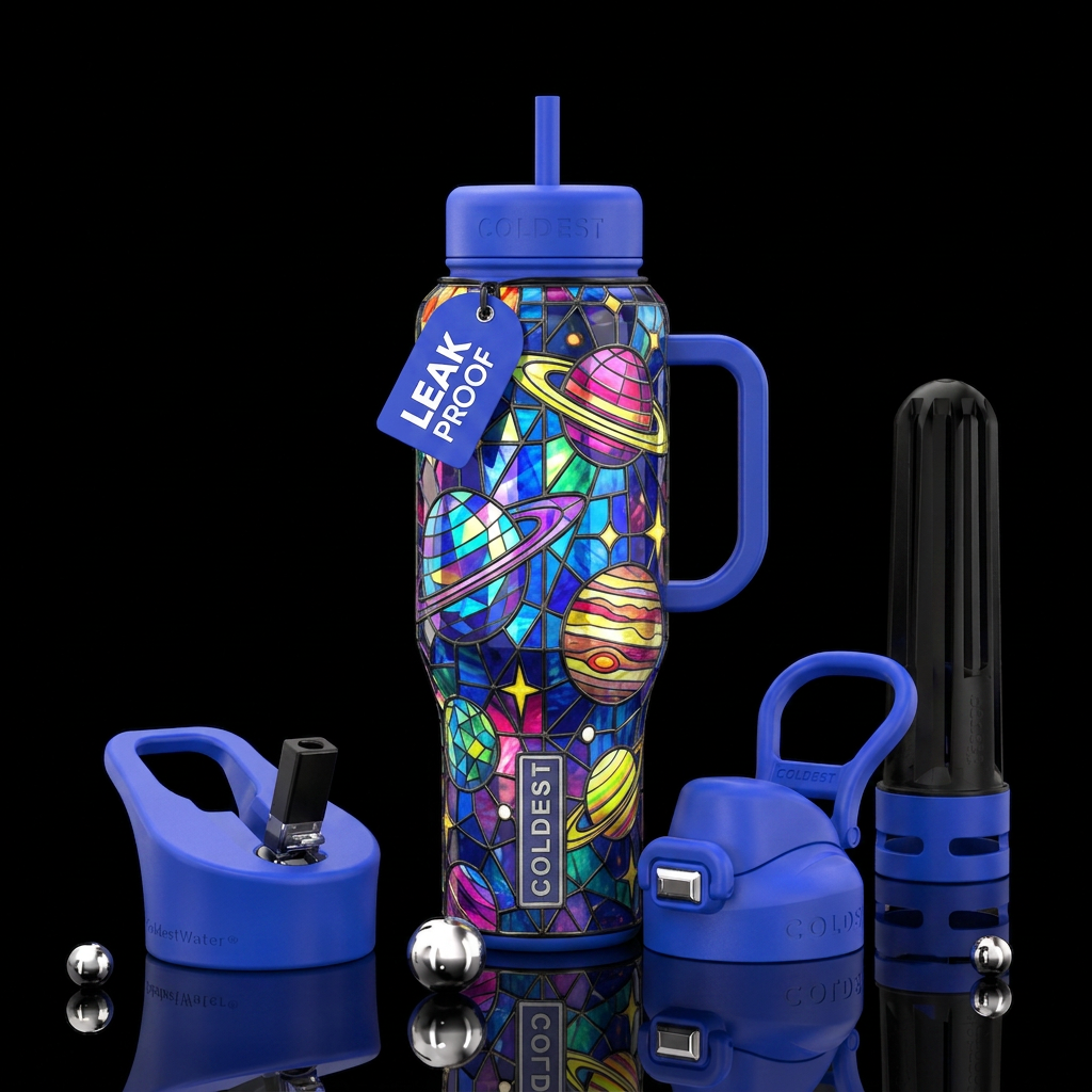 Multi color disco ball planets stained glass water bottle design