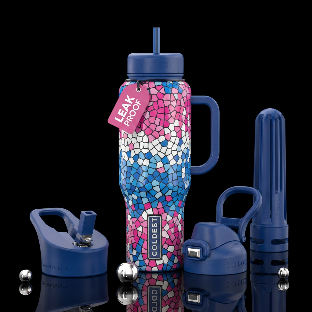 Pink white and blue bright mosaic tile pattern water bottle design