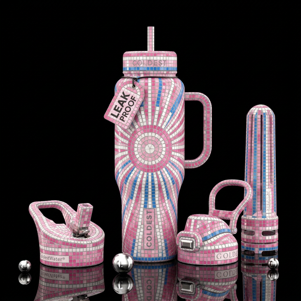 Pink white and blue tile mosaic in sunshine patter... water bottle design