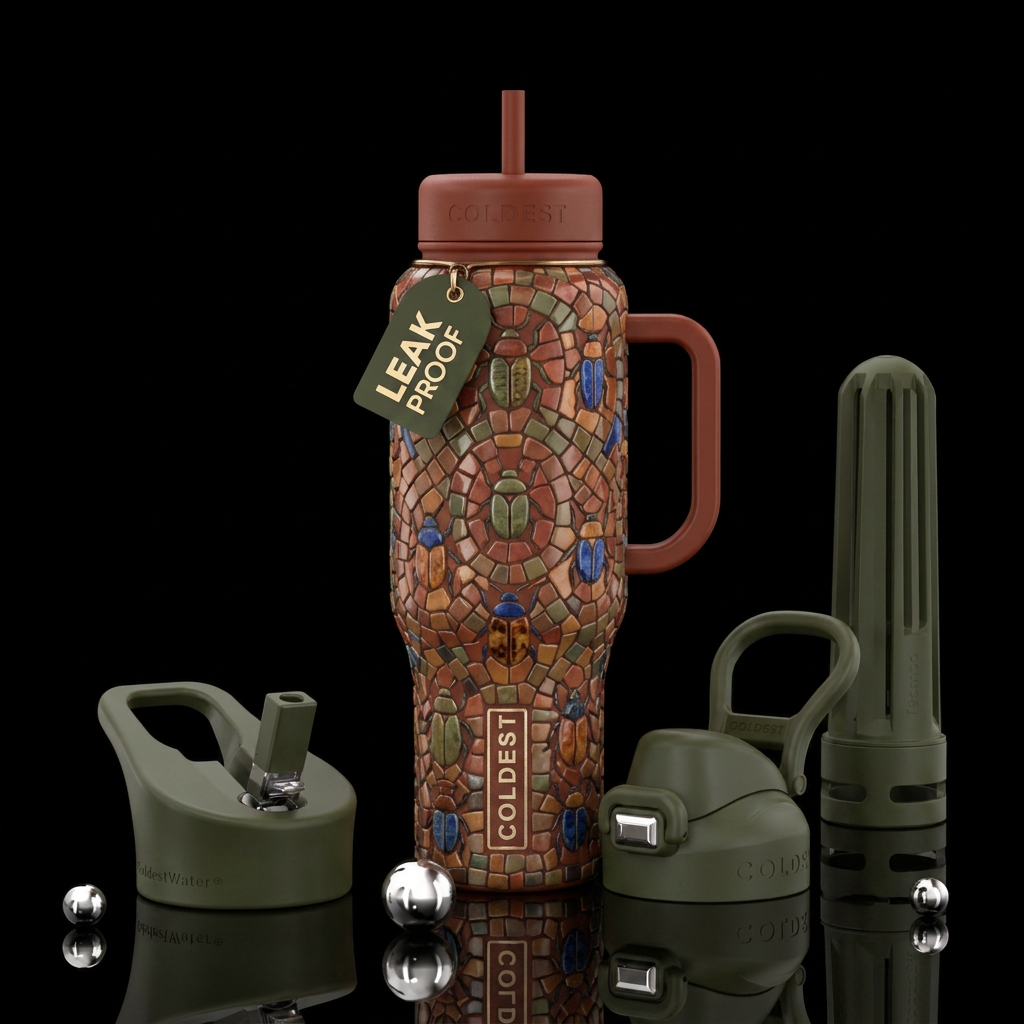 Earth tone tiles in mosaic pattern of beatles water bottle design