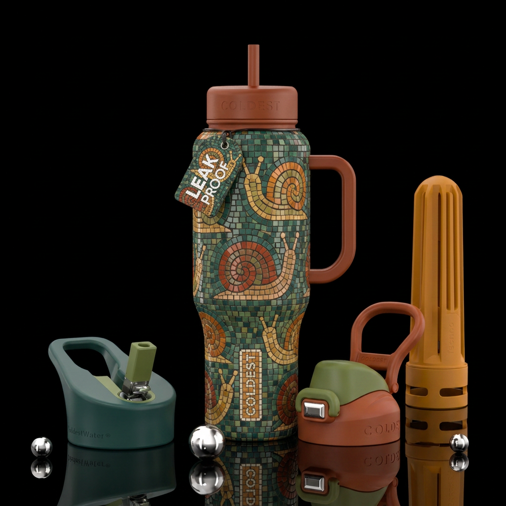 Earth tone tiles in mosaic pattern of snails water bottle design
