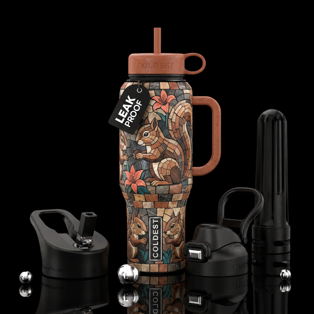Earth tone tiles in mosaic pattern of squirrels water bottle design