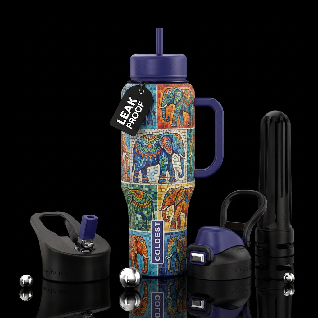 Bright color tiles in mosaic pattern of elephants water bottle design