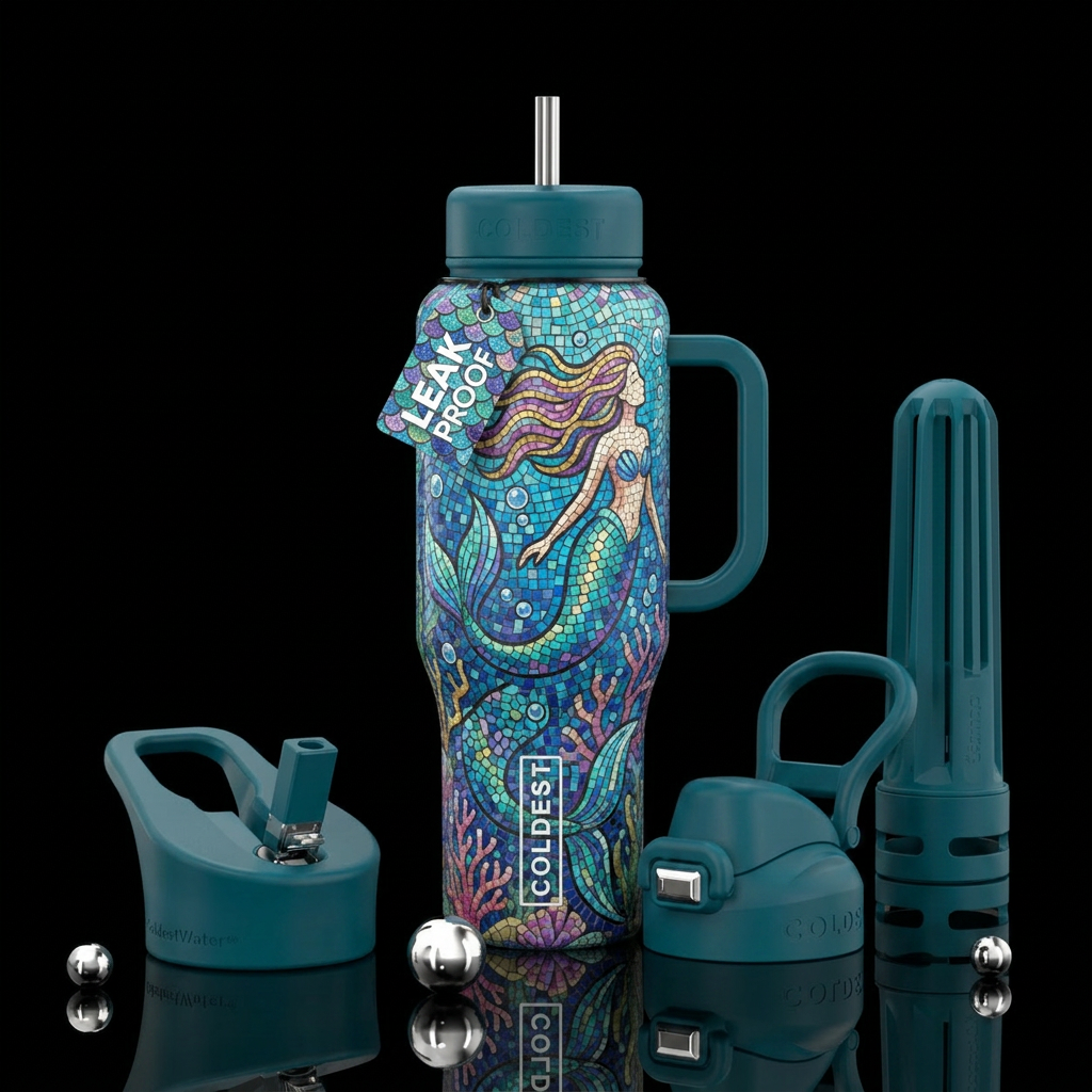 Bright color tiles in mosaic pattern of mermaids water bottle design