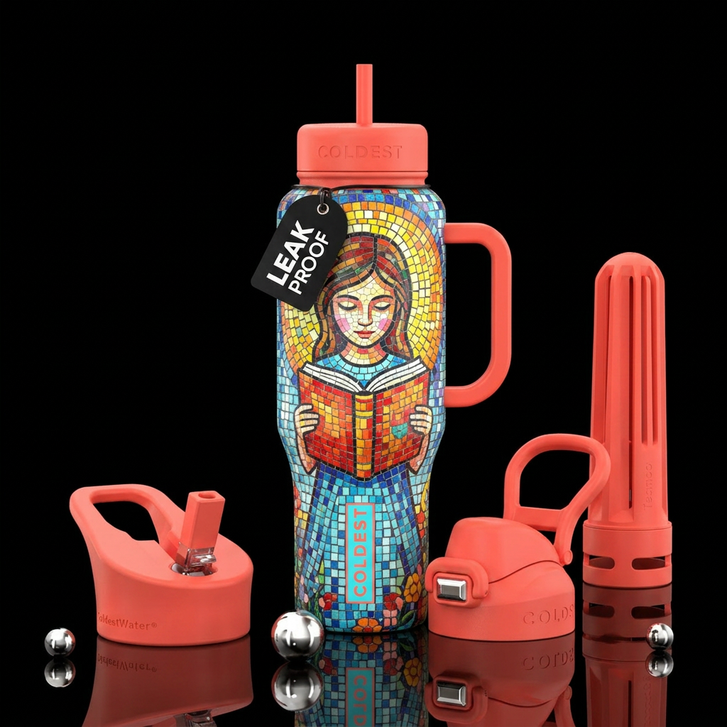 Bright color tiles in mosaic pattern of girl readi... water bottle design