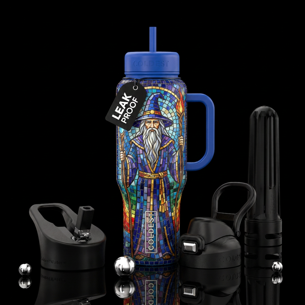 Bright color tiles in mosaic pattern of a wizard water bottle design
