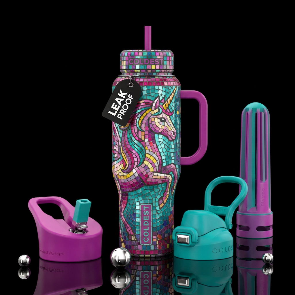 Bright color tiles in mosaic pattern of a unicorn water bottle design