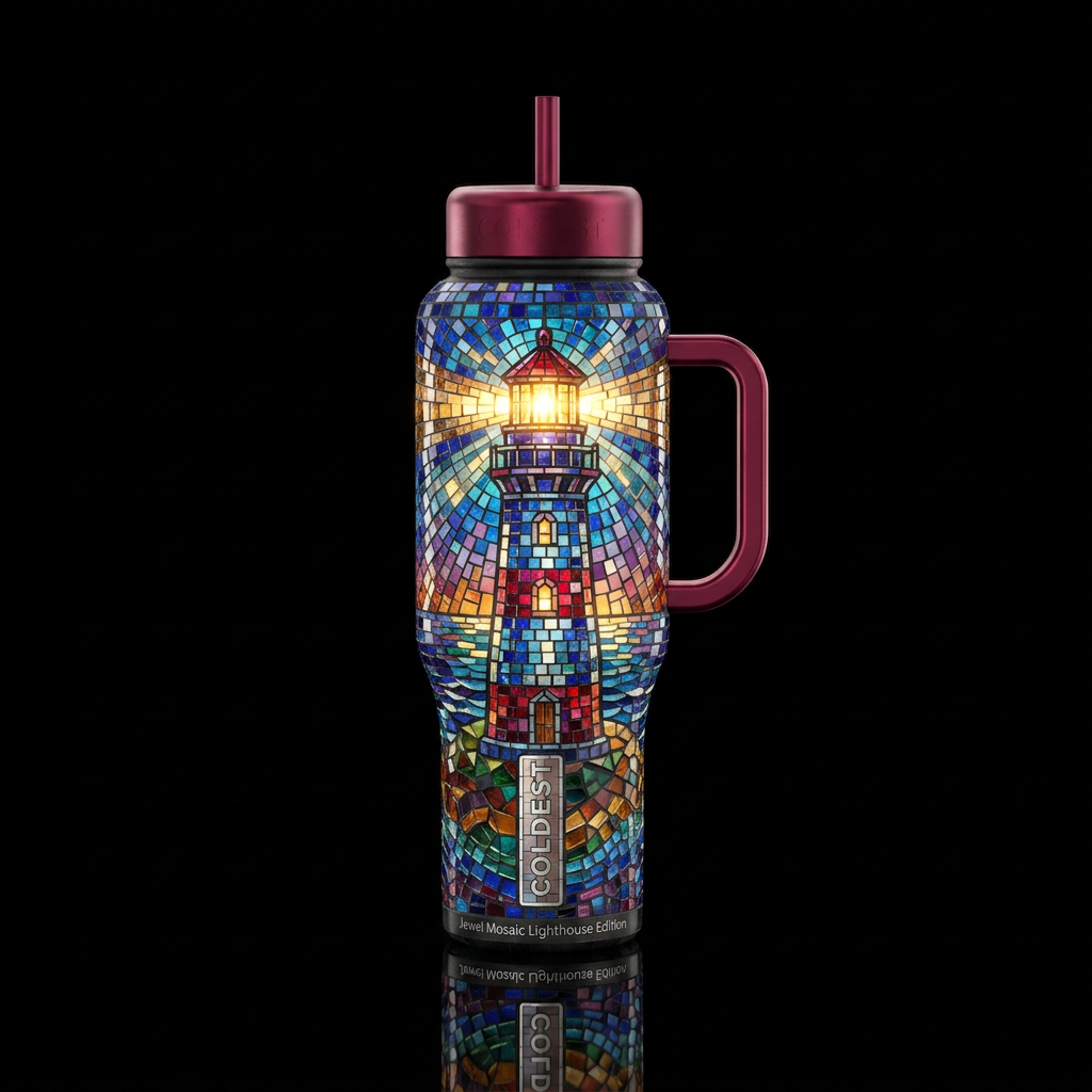 Lighthouse made from jewel tone mosaic tiles with ... water bottle design