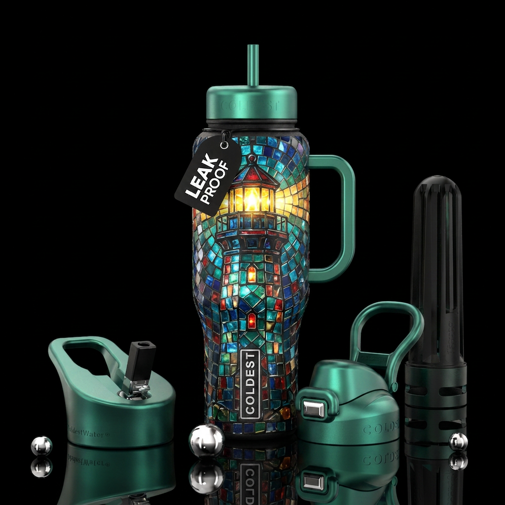 Lighthouse made from jewel tone mosaic tiles with ... water bottle design