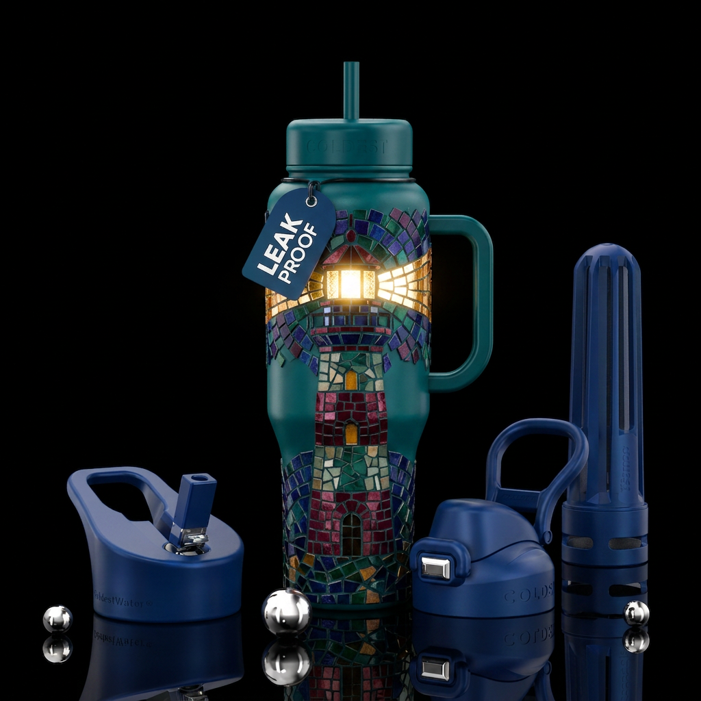 Lighthouse made from jewel tone mosaic tiles with ... water bottle design