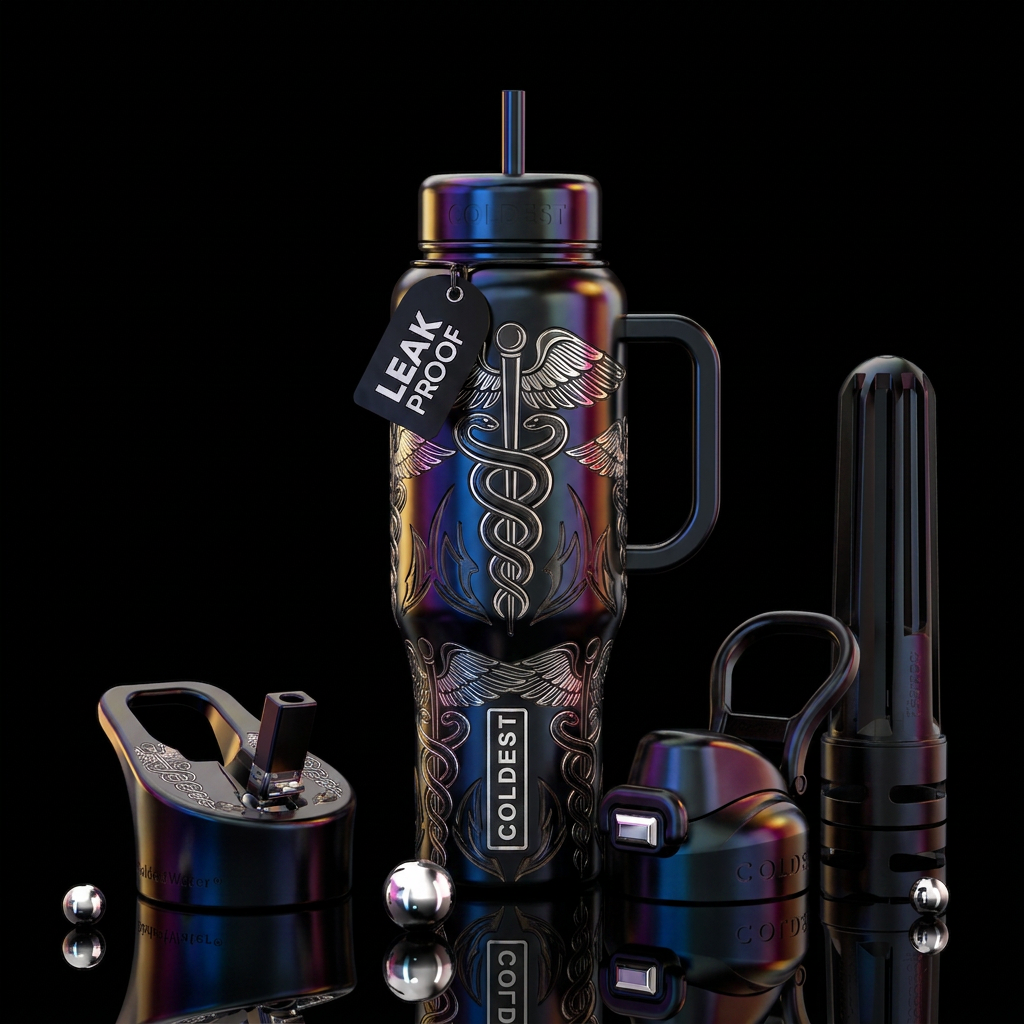 Metalic etching in black and platinum of a caduceu... water bottle design