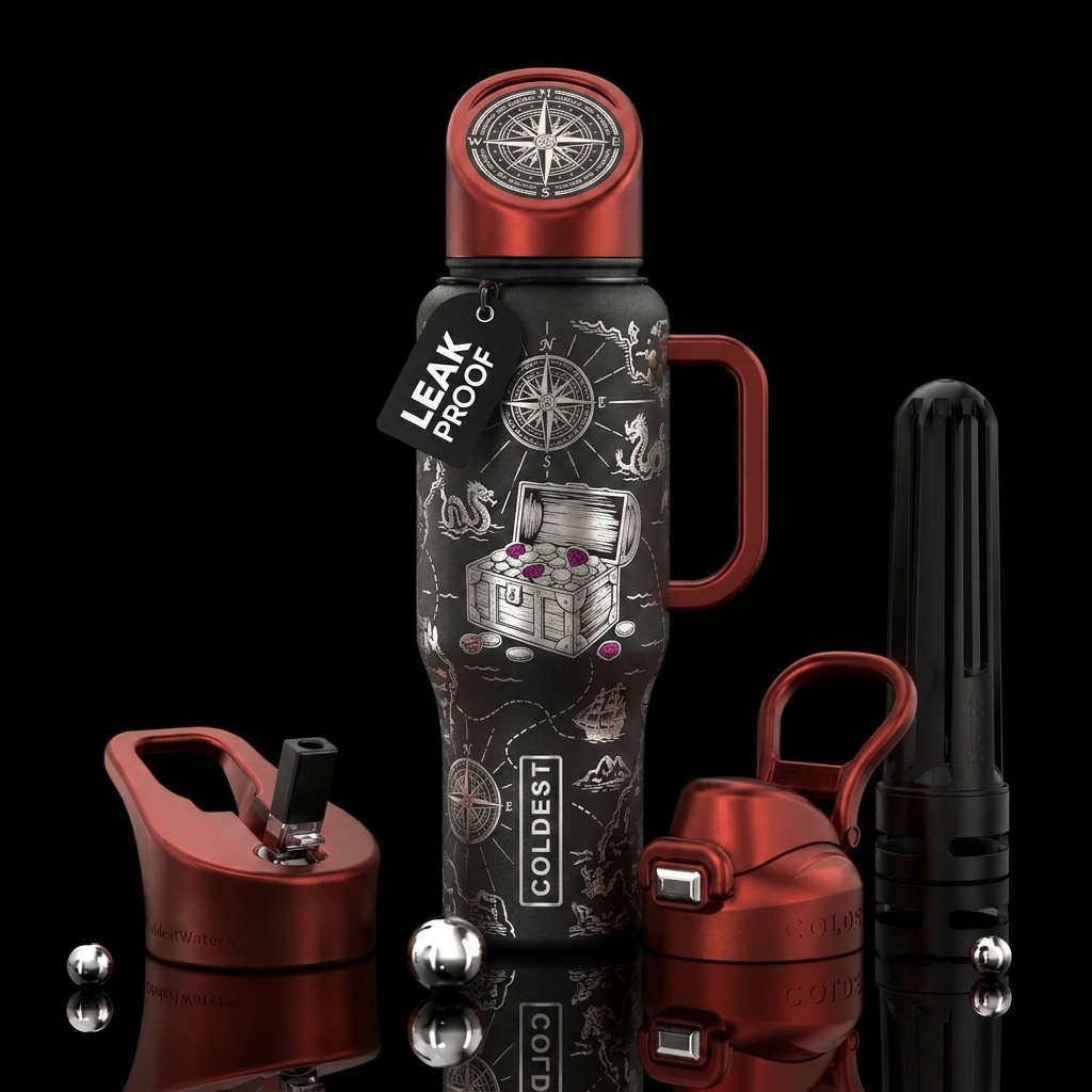 Metalic etching in black and platinum of a treasur... water bottle design