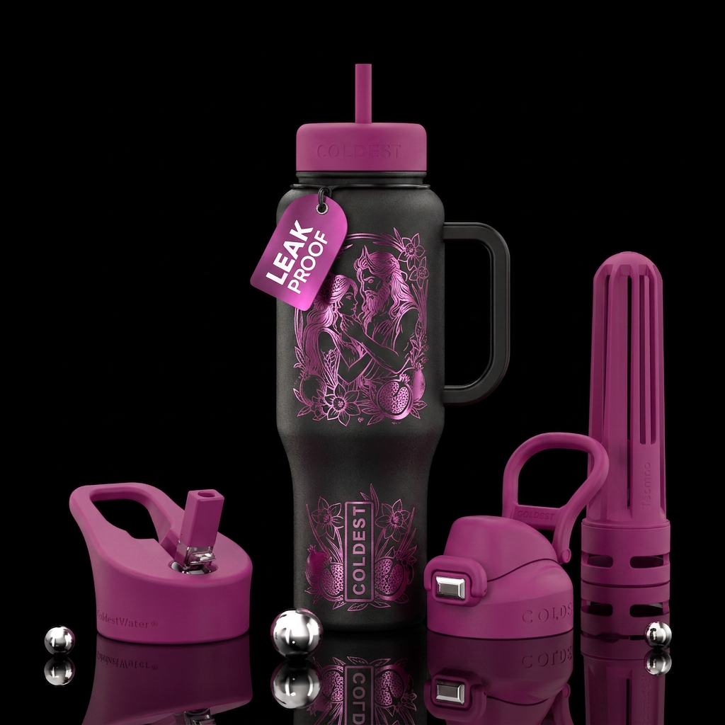 Metalic etching with magenta of persephone and had... water bottle design