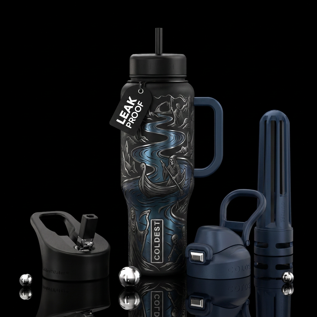 Metalic etching with blue of the rivers styx water bottle design