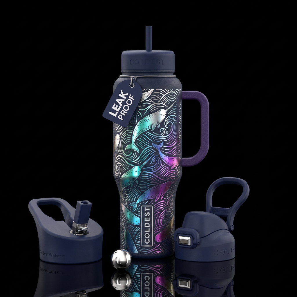 Metalic etching with rainbow colors of narwhals sw... water bottle design