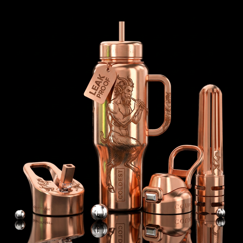 Metalic etching with copper of a satyr water bottle design