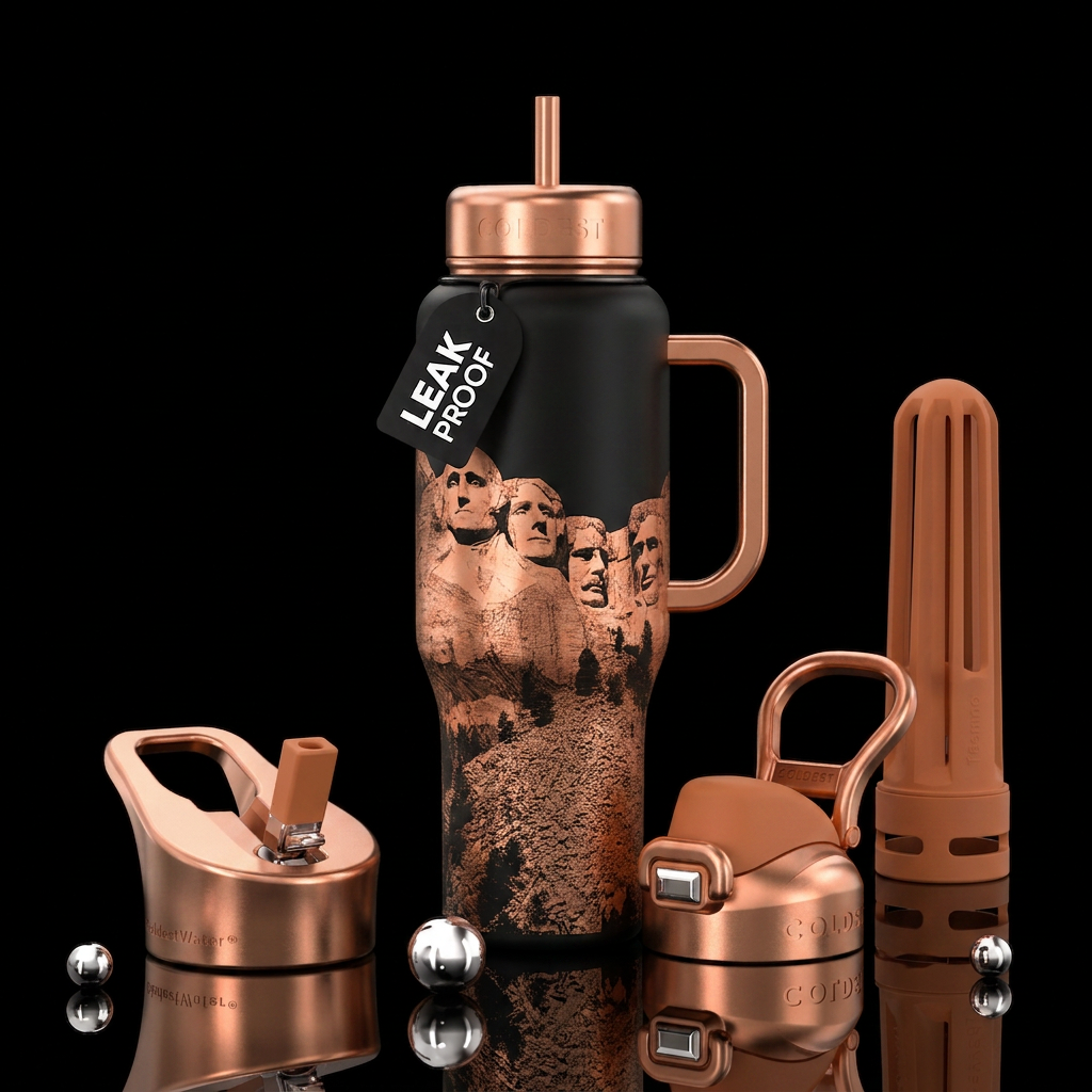 Metalic etching with copper of Mt Rushmore water bottle design