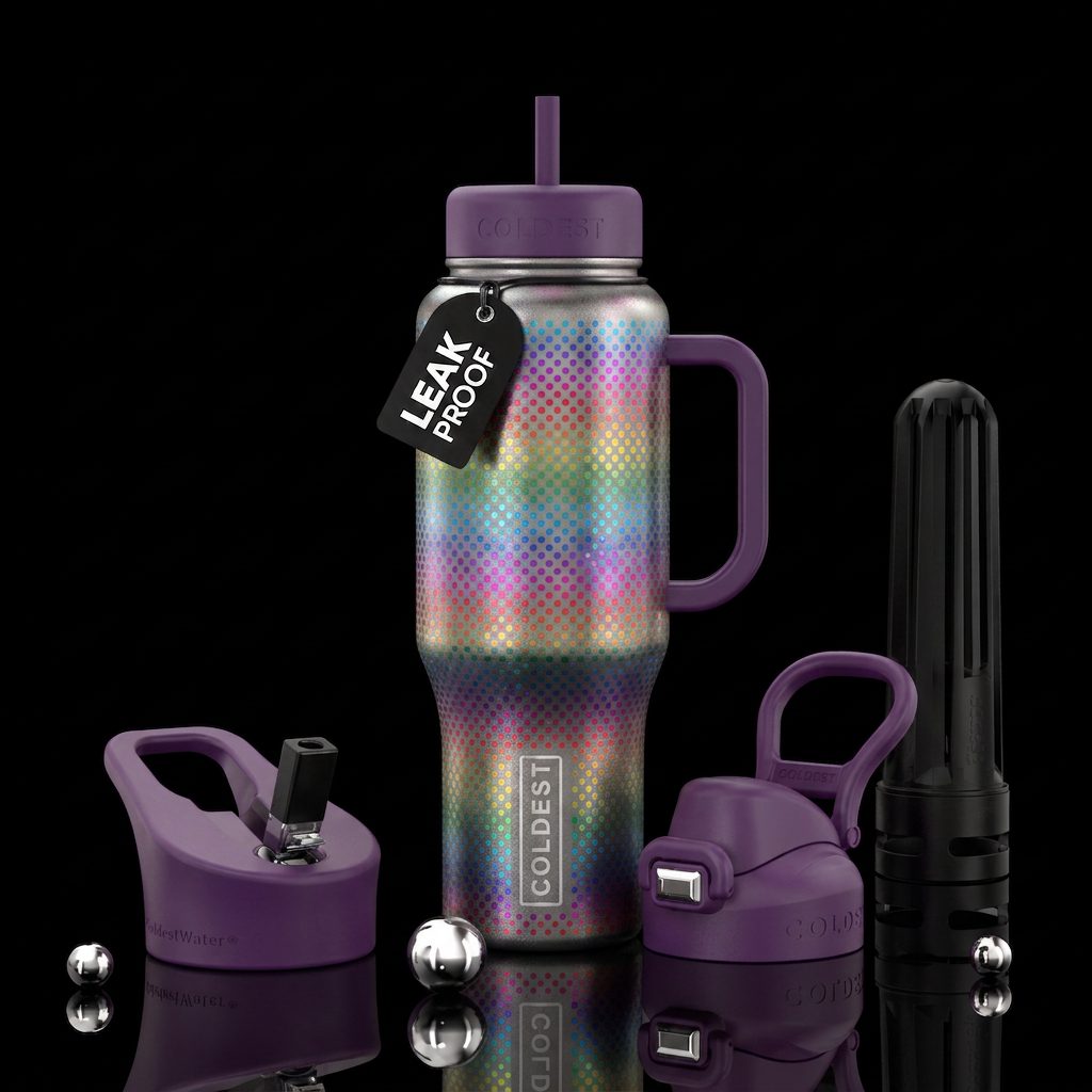 Metalic etching with rainbow of polka dots water bottle design